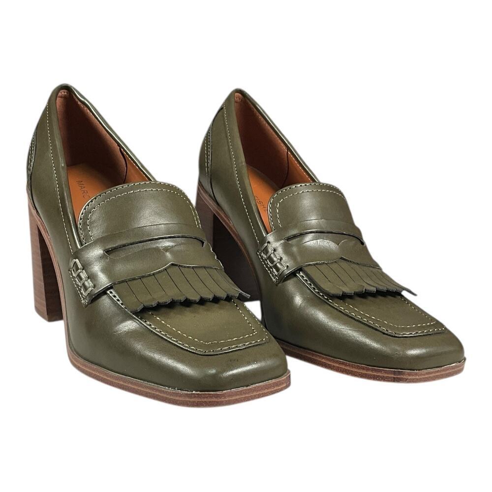 Marc Fisher Olive Green Chunky Heel Loafer Pumps Size 7.5 Fringe Preppy Block - Picture 2 of 12